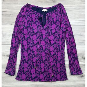 TORY BURCH Silk Floral‎ Peasant Blouse Sz 14 Long Sleeve Adjustable Tie Neck